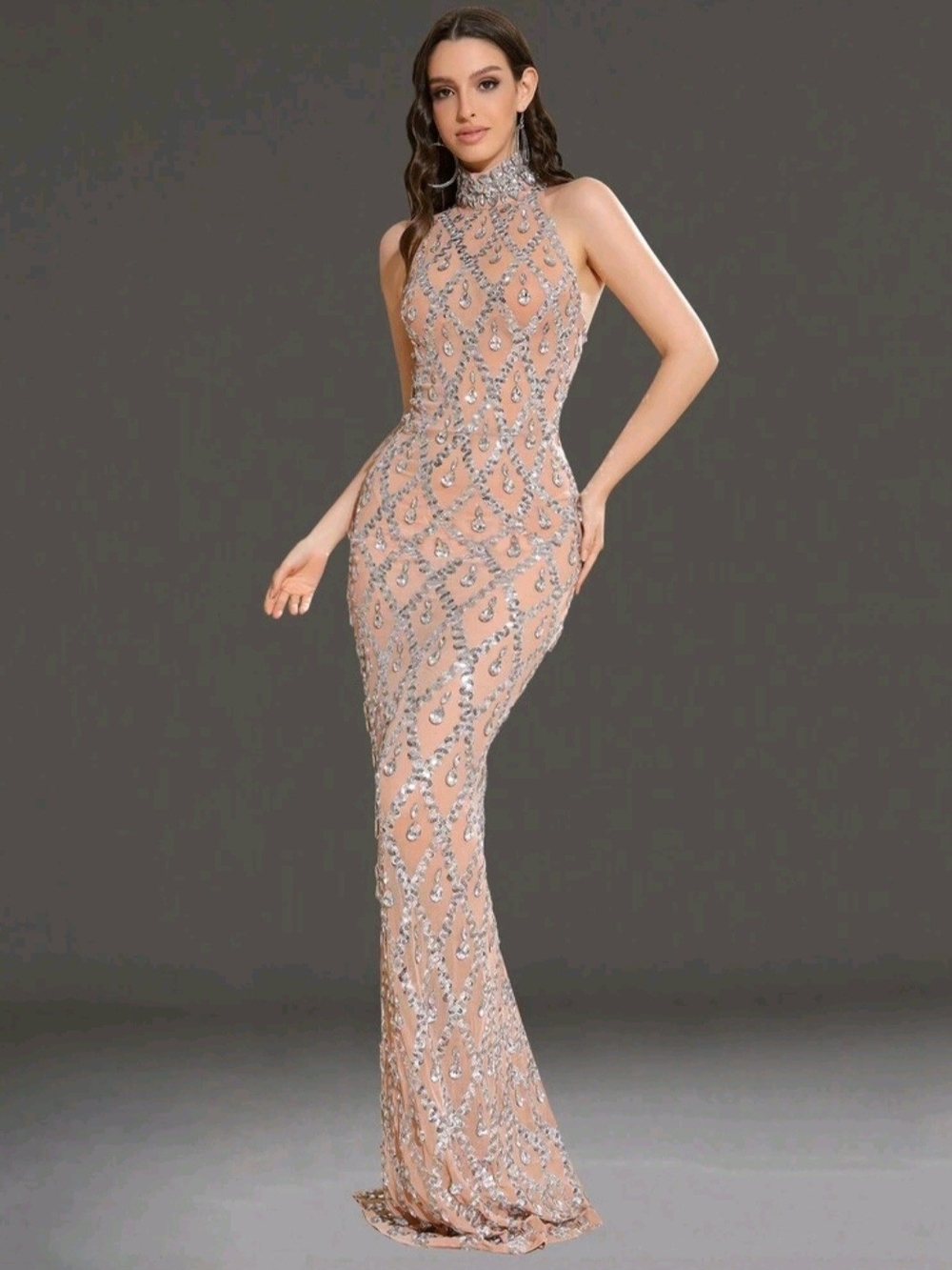 High-Neck Sequin Embellished Nude Evening Gown